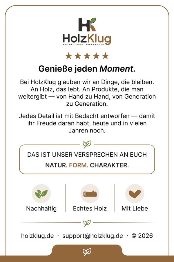 HolzKlug Karte, Rückseite: Genieße jeden Moment. Natur. Form. Charakter.