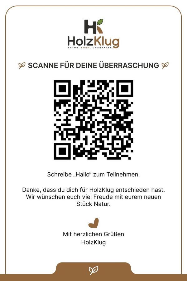 HolzKlug Karte, Vorderseite mit QR-Code: Scanne für deine Überraschung
